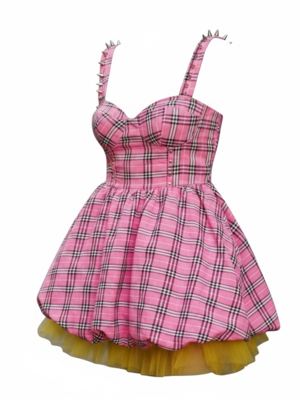 REVOLVE Pink Plaid Spiked-Strap Bubble Dress